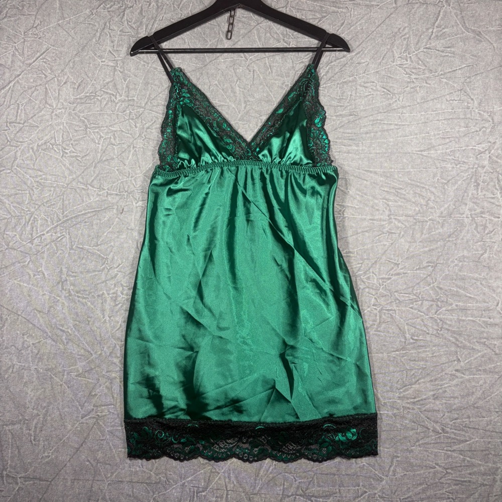 Unbranded Nightgown Womens Large Green Satin Lace Trim Chemise Sleepwear Slip